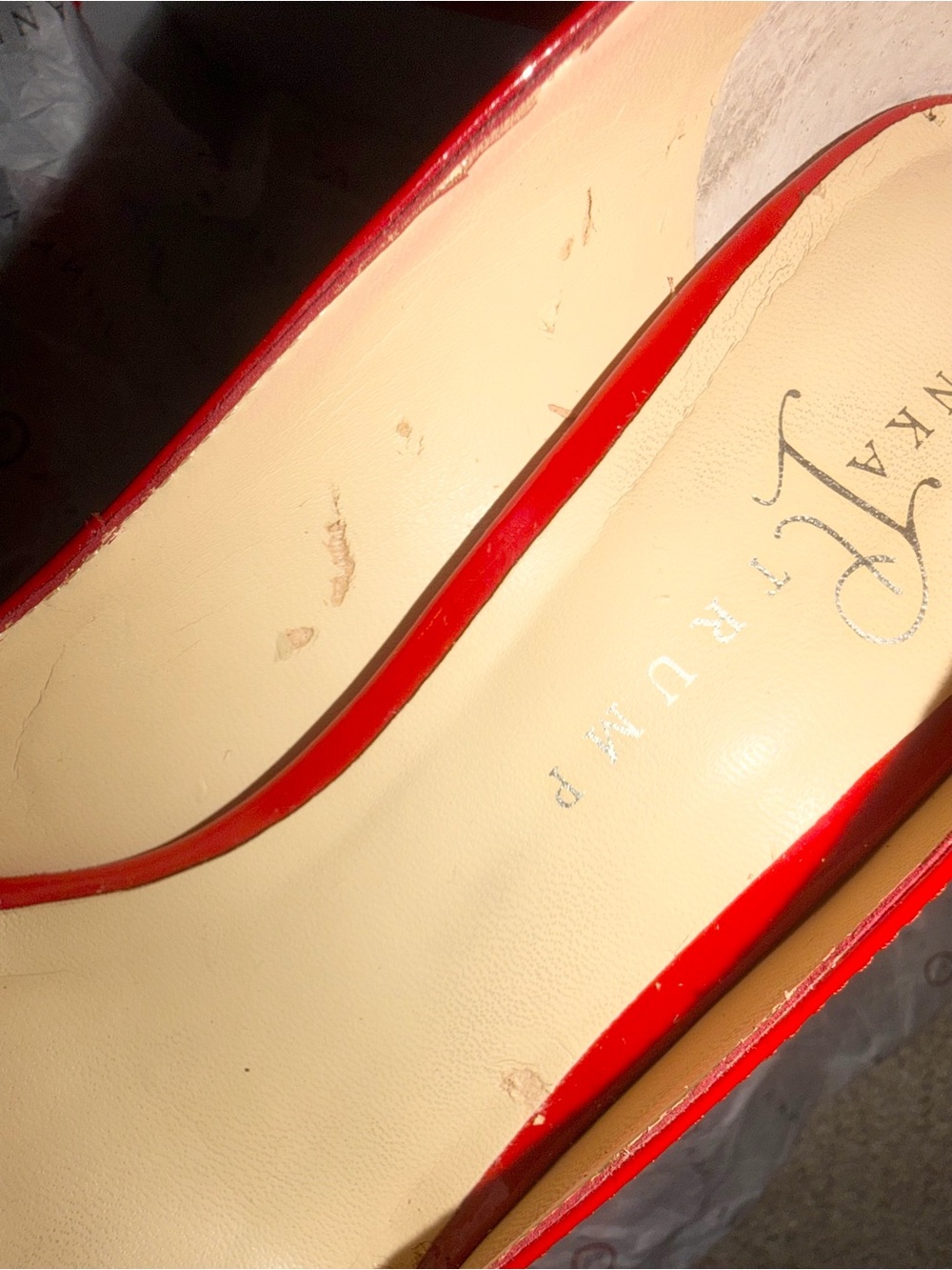Red Patent Leather Open-Toe Pumps, glossy shine, size 9 - Picture 12 of 13